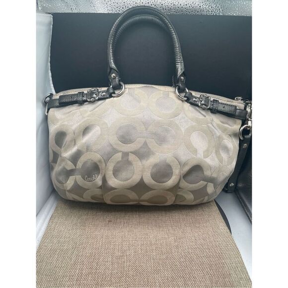 Coach Ashley Signature Satchel Khaki & Black Trim Plum Interior - Picture 3 of 12